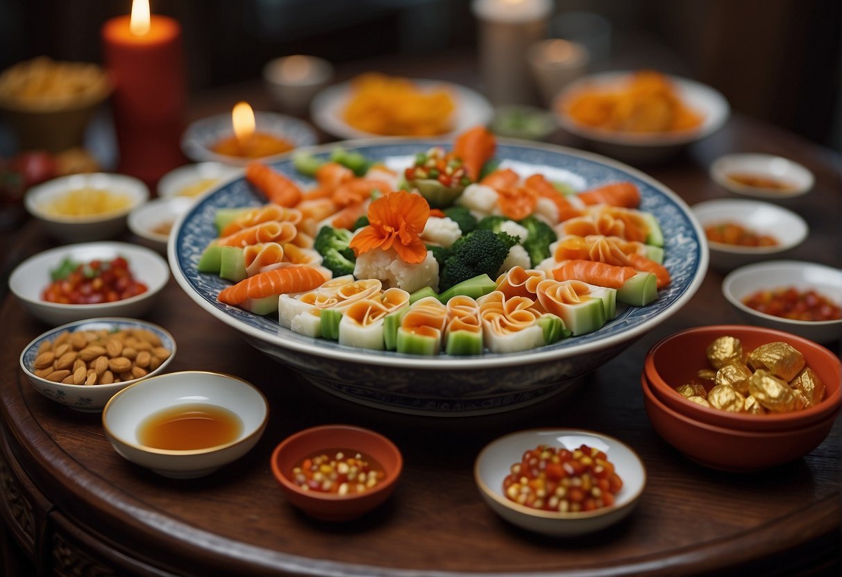 A table adorned with colorful and aromatic dishes, symbolizing abundance and prosperity for Chinese New Year celebrations
