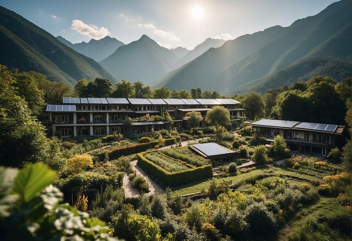 A lush, green hotel surrounded by mountains and forests, with solar panels and a vegetable garden, showcasing sustainable living