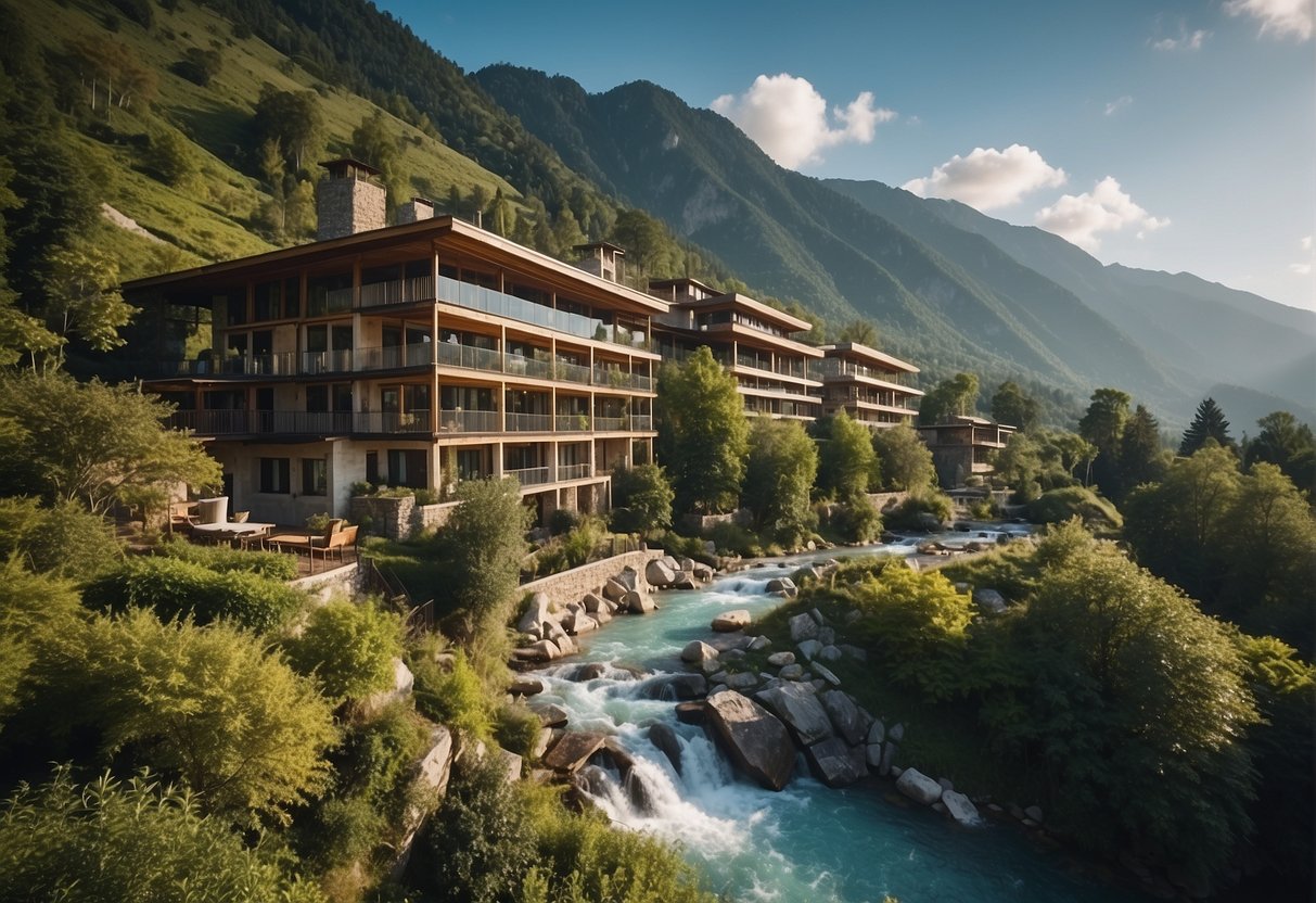 A serene mountain landscape with a modern, eco-friendly hotel nestled among lush greenery and surrounded by clear, flowing streams and vibrant wildlife
