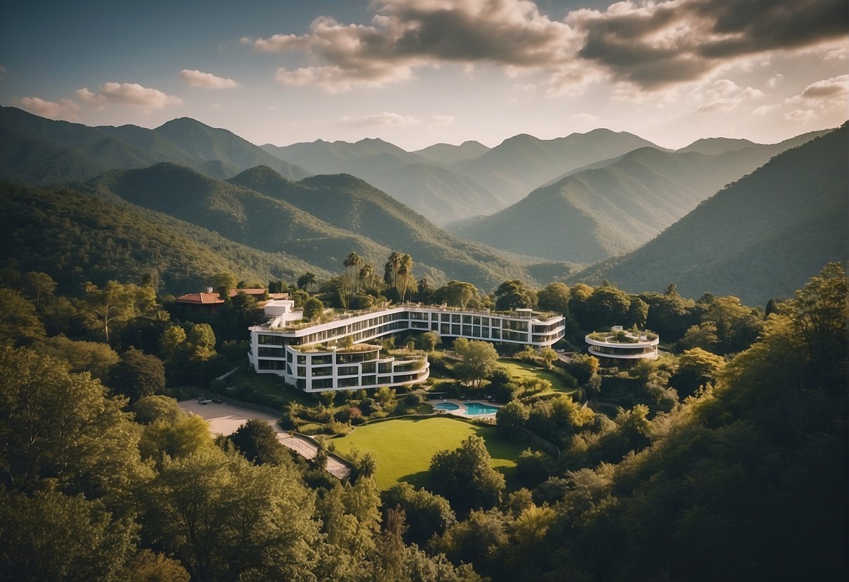 A tranquil mountain landscape with a modern eco-friendly hotel nestled among lush greenery, surrounded by clean air and natural beauty