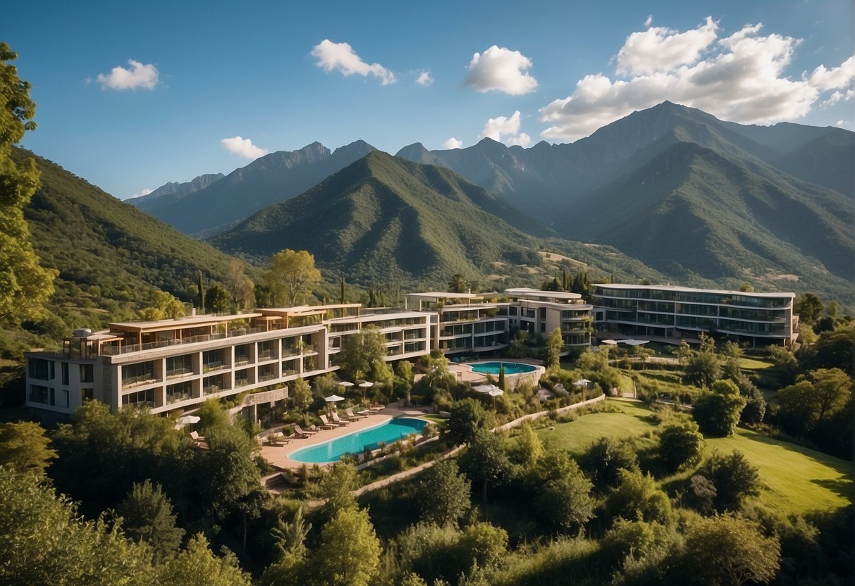 A serene mountain landscape with a modern eco-friendly hotel nestled among lush greenery, surrounded by clear blue skies and pristine natural beauty