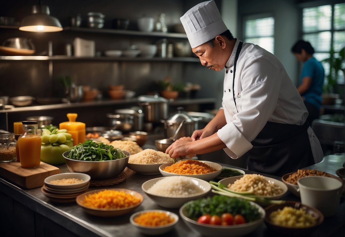 A chef modifies traditional Chinese recipes for specific dietary needs in a cozy Singaporean kitchen. Ingredients and utensils are laid out on the counter