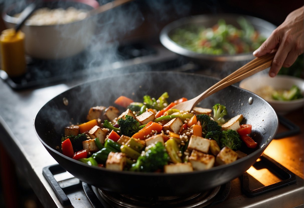 A wok sizzles with stir-fried vegetables and tofu. Steam rises as a chef adds soy sauce. A bowl of rice sits nearby