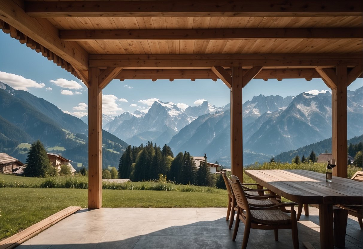 A serene mountain landscape with a traditional Austrian villa nestled among green hills, with the Dachstein mountain range in the background