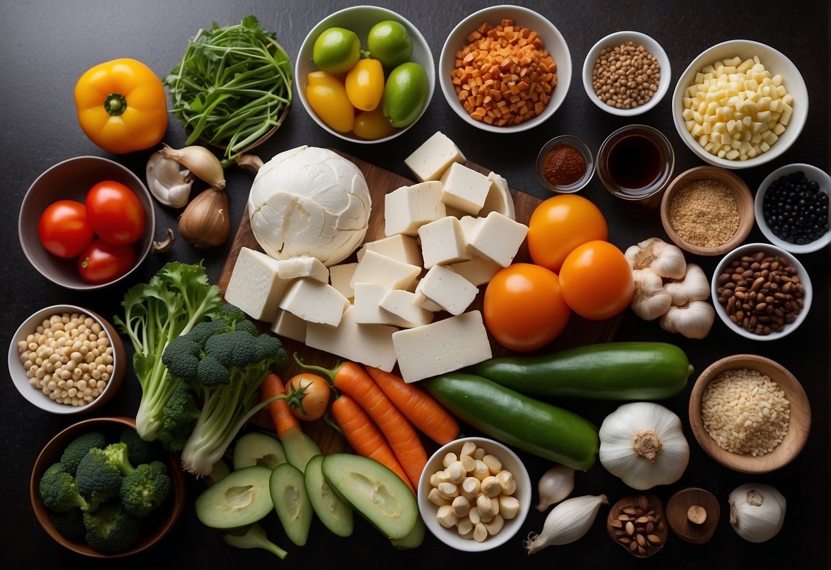 A kitchen counter with assorted fresh vegetables, tofu, soy sauce, ginger, garlic, and other essential ingredients for vegetarian Chinese cooking