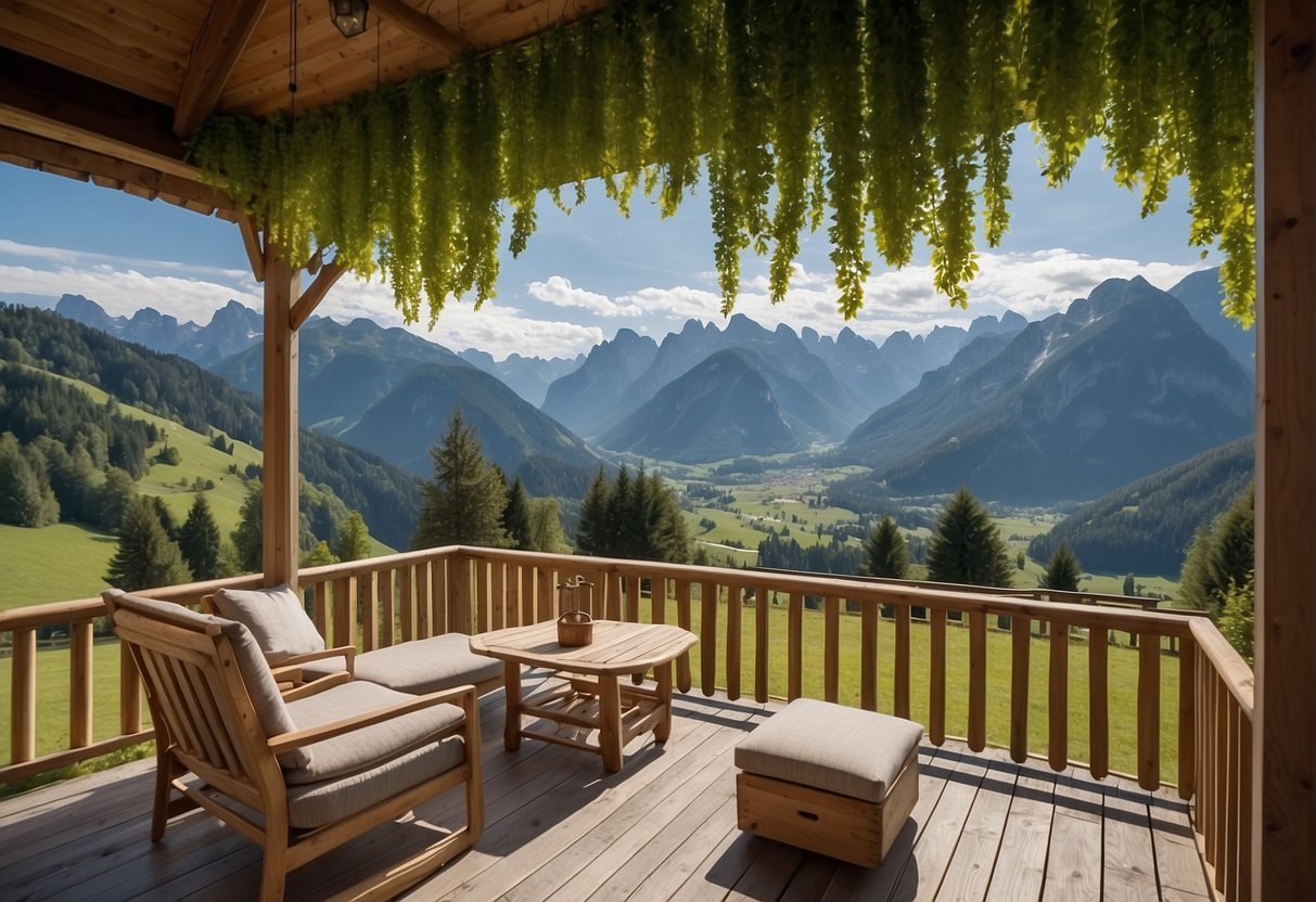 A serene landscape with a bio villa surrounded by lush greenery and mountains, symbolizing wellness and relaxation in Ramsau am Dachstein, Styria