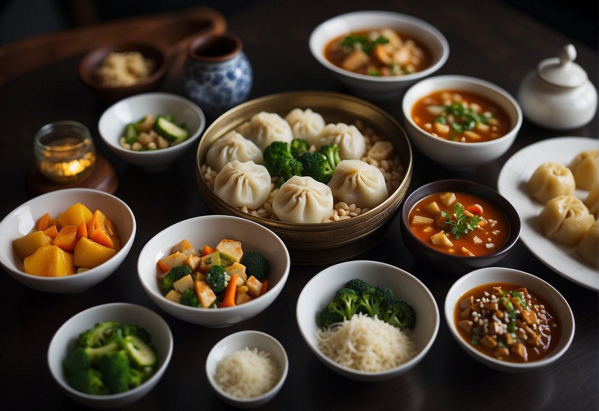 A table set with an array of classic vegetarian Chinese dishes, including stir-fried vegetables, tofu dishes, and steamed dumplings