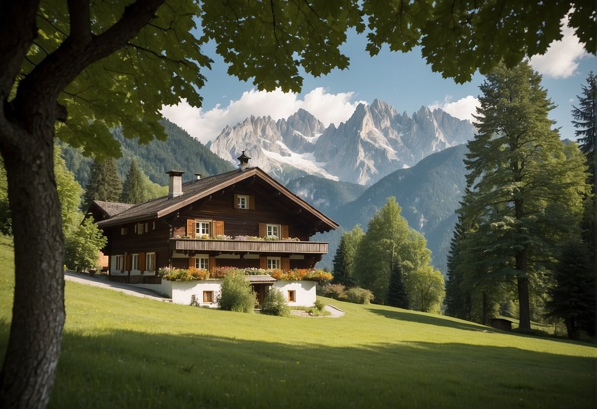 A peaceful mountain landscape with a traditional Austrian villa nestled among lush greenery, surrounded by the majestic peaks of the Dachstein massif