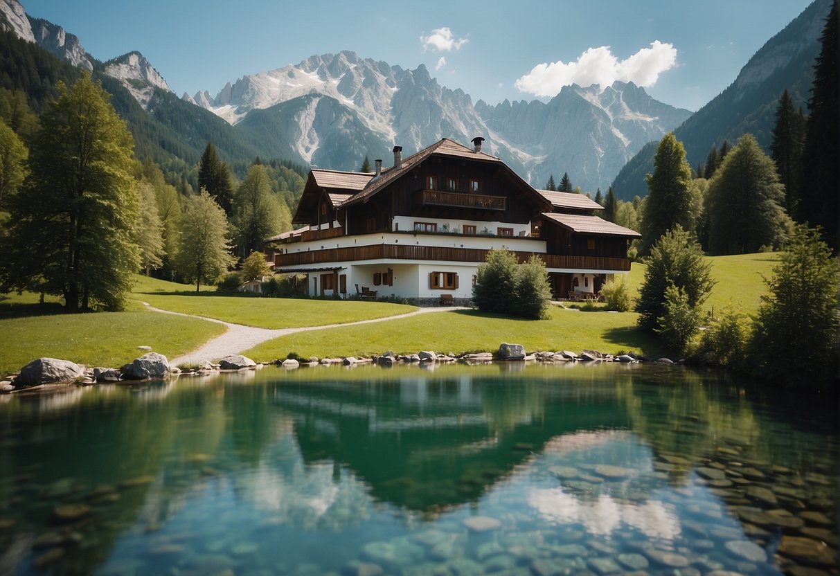 A serene villa nestled in the green hills of Ramsau am Dachstein, surrounded by lush forests and a clear mountain stream
