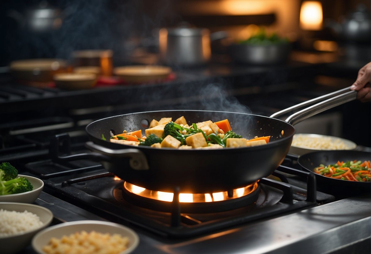 A wok sizzles on a gas stove as vegetables are stir-fried with precision. A cleaver chops tofu into neat cubes. A pot of steaming rice sits nearby