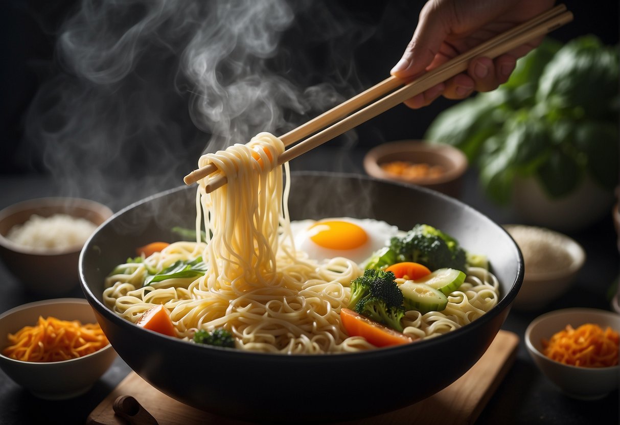 A pair of chopsticks lifting freshly made Chinese noodles from a steaming pot, surrounded by ingredients like flour, eggs, and vegetables