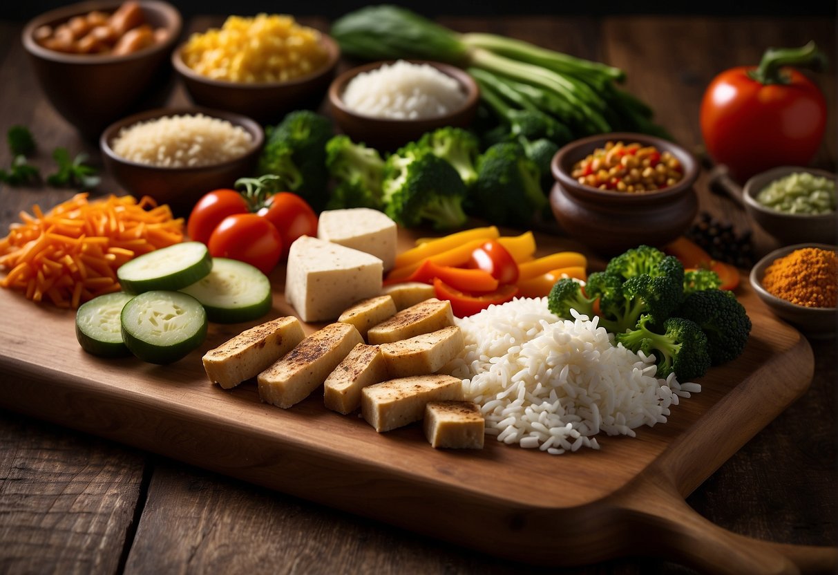 A colorful array of chopped vegetables and tofu arranged on a cutting board, surrounded by various spices and sauces, with a wok and steaming rice in the background