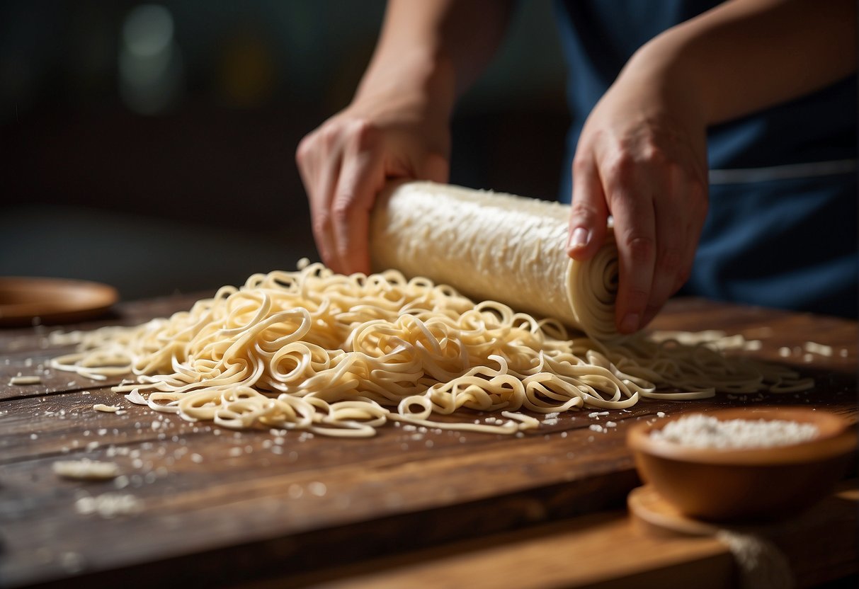 Noodles being rolled and cut on a wooden surface, with flour dusting the air