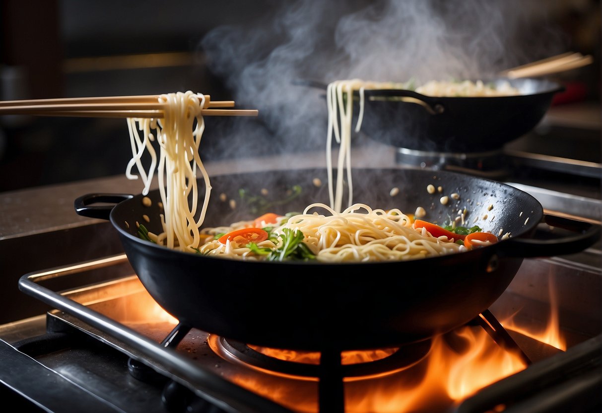 A wok sizzles with boiling water as noodles are tossed in. A pair of chopsticks lift the steaming noodles onto a plate, ready to be served
