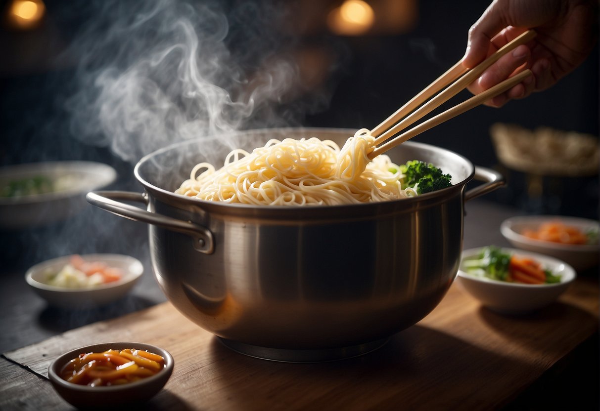 A pair of chopsticks lifting freshly made Chinese noodles from a pot of boiling water, steam rising, with ingredients and cooking utensils in the background