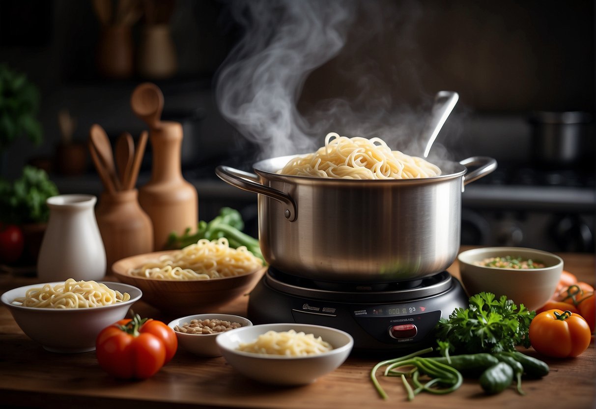 A steaming pot of homemade noodles surrounded by various ingredients and cooking utensils. A recipe book with "Frequently Asked Questions Chinese Homemade Noodles" is open on the counter
