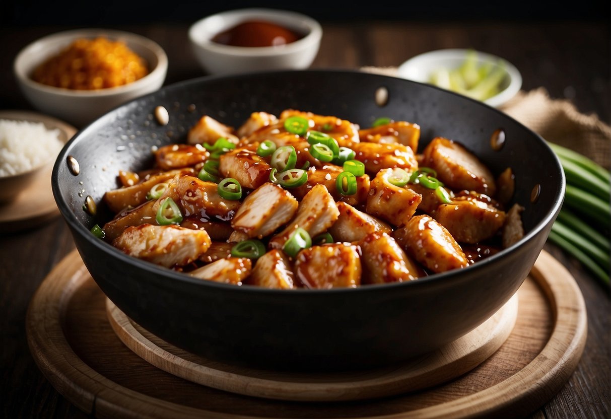 A sizzling wok cooks diced chicken in a sticky honey sauce. Surrounding ingredients include garlic, ginger, soy sauce, and green onions