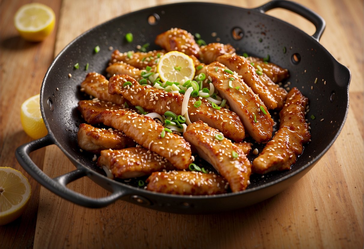 Sizzling chicken strips in a wok with honey and lemon sauce. Chopped scallions and sesame seeds sprinkled on top