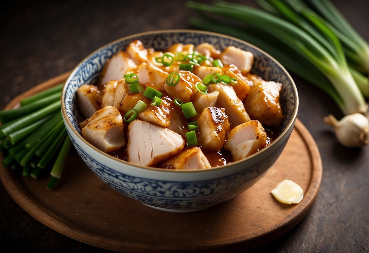 A bowl of sliced chicken, soy sauce, honey, ginger, garlic, and green onions. Possible substitutes: tofu, agave nectar, ground ginger, and shallots