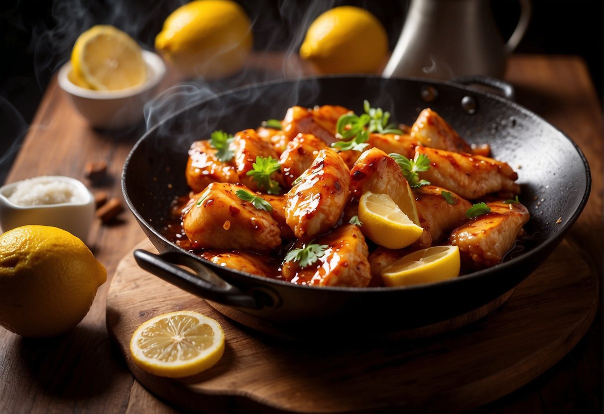 A sizzling wok filled with tender chunks of honey-glazed chicken, surrounded by vibrant lemon slices and drizzled with a glossy, amber-colored sauce