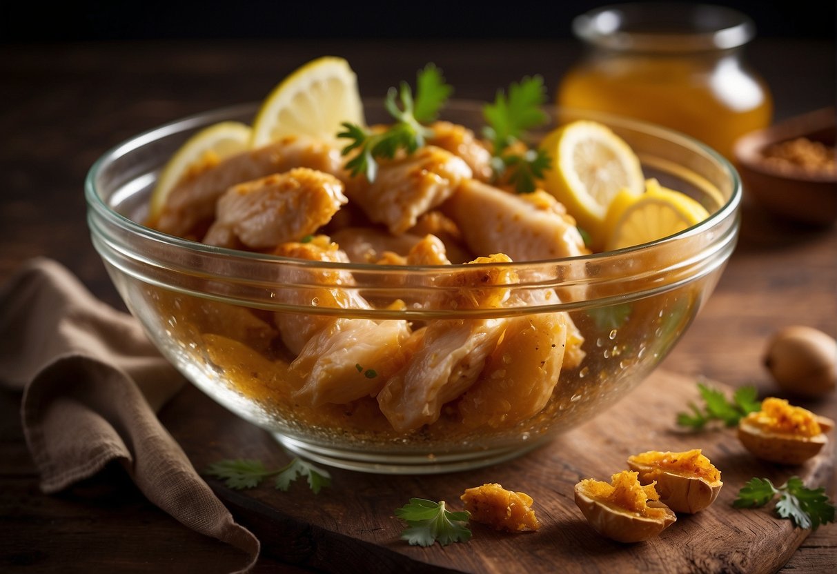 Chicken pieces soaking in a mixture of honey, lemon, and Chinese spices in a bowl