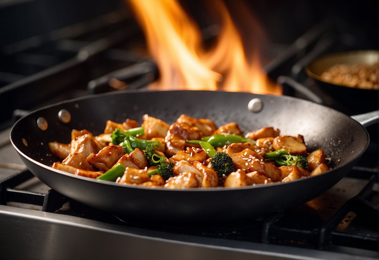 A wok sizzles on a stovetop as chicken pieces are stir-fried with honey, soy sauce, and garlic, creating a glossy, caramelized glaze