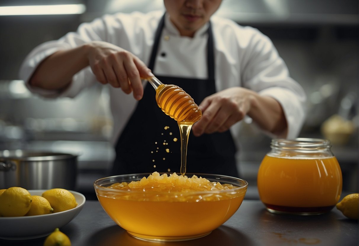 A chef mixes honey, lemon juice, and soy sauce in a bowl. Zest and juice from a lemon sit nearby. Ingredients are laid out on the counter