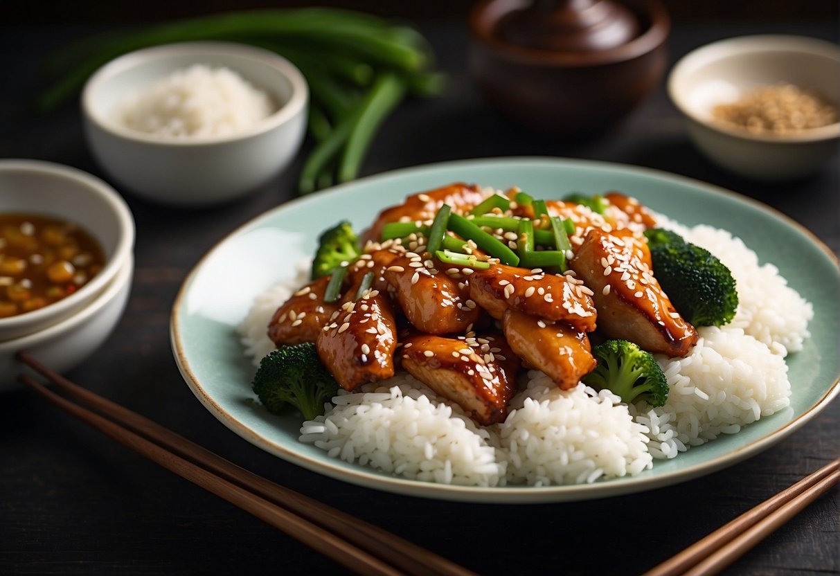 A plate of Chinese honey chicken garnished with sesame seeds and green onions, surrounded by steamed rice and stir-fried vegetables
