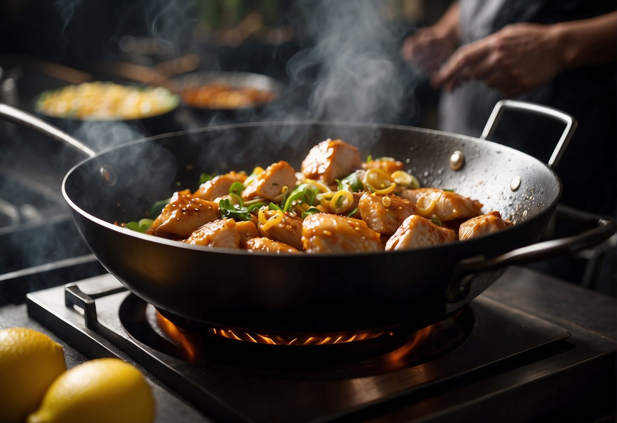 A wok sizzles with marinated chicken, honey, and lemon, as steam rises and aromas fill the air. Ingredients like soy sauce and ginger sit nearby