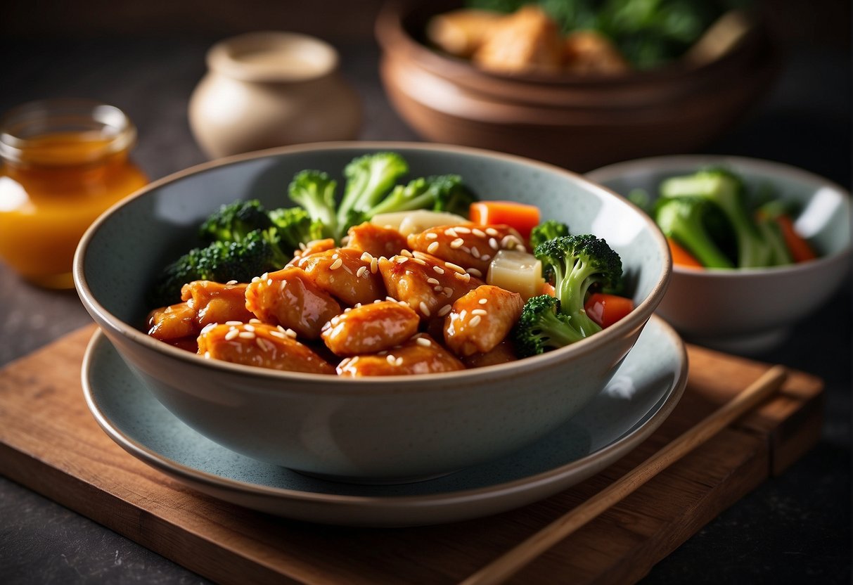 A bowl of Chinese honey chicken with a side of steamed vegetables. Nutritional information and storage details displayed on the packaging