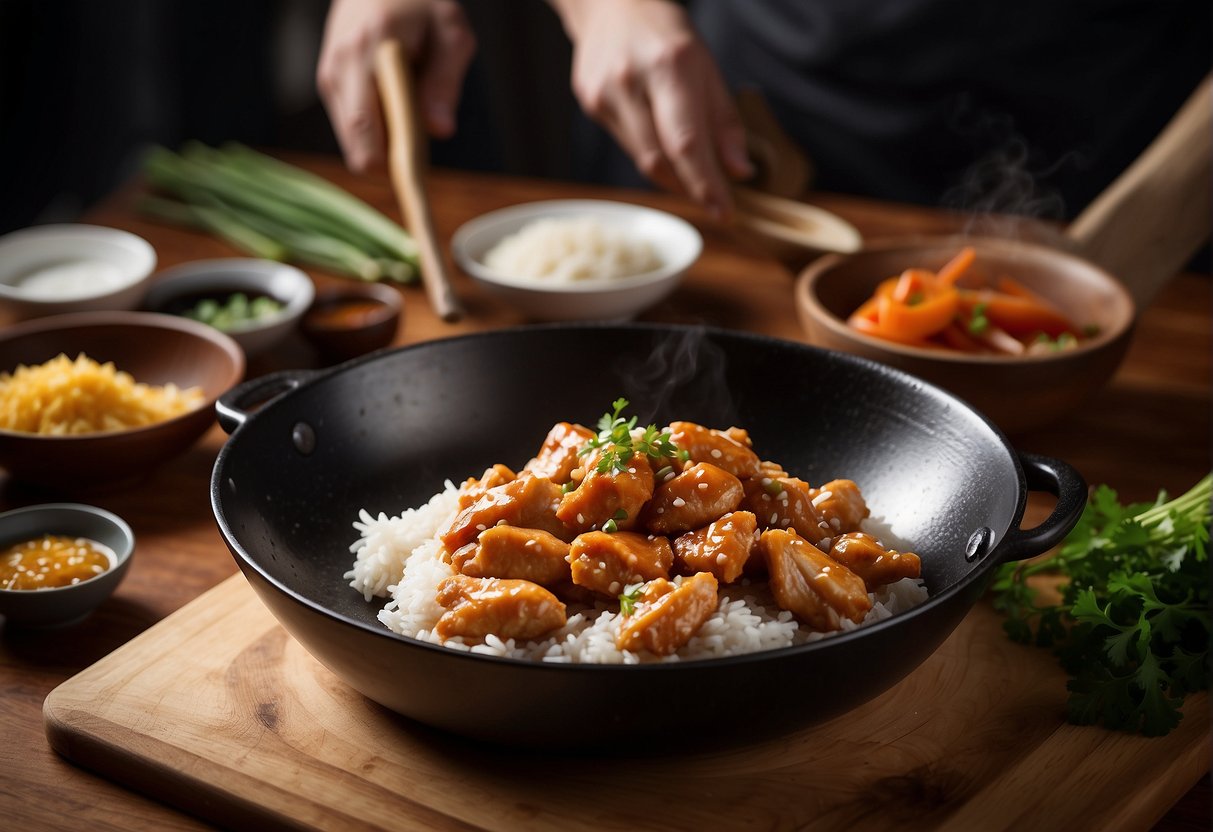 A chef preparing Chinese honey chicken with ingredients laid out on a wooden cutting board, a wok sizzling on a stovetop, and a steaming bowl of rice nearby