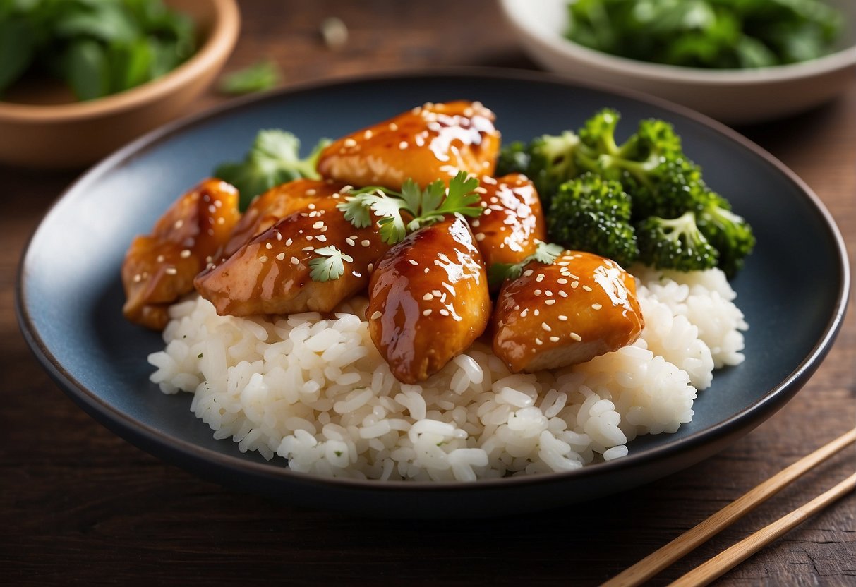 A plate of Chinese honey lemon chicken with steamed rice and stir-fried vegetables, garnished with sesame seeds and fresh cilantro