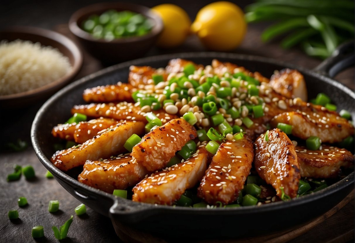 A sizzling wok stir-frying tender chicken strips with glossy honey and tangy lemon sauce, surrounded by vibrant green scallions and sesame seeds