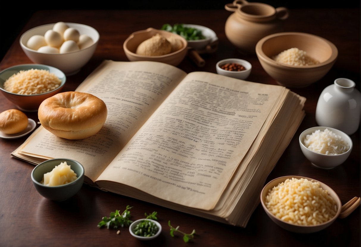 A table filled with ingredients and utensils for making Chinese hopia, with a recipe book open to the page for hopia