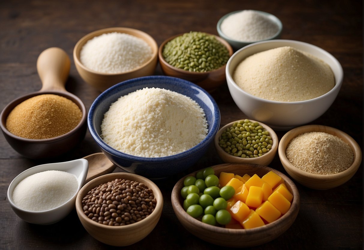 A table with ingredients: flour, sugar, lard, water, and mung bean paste. Nutritional information chart showing calories, fat, carbs, and protein