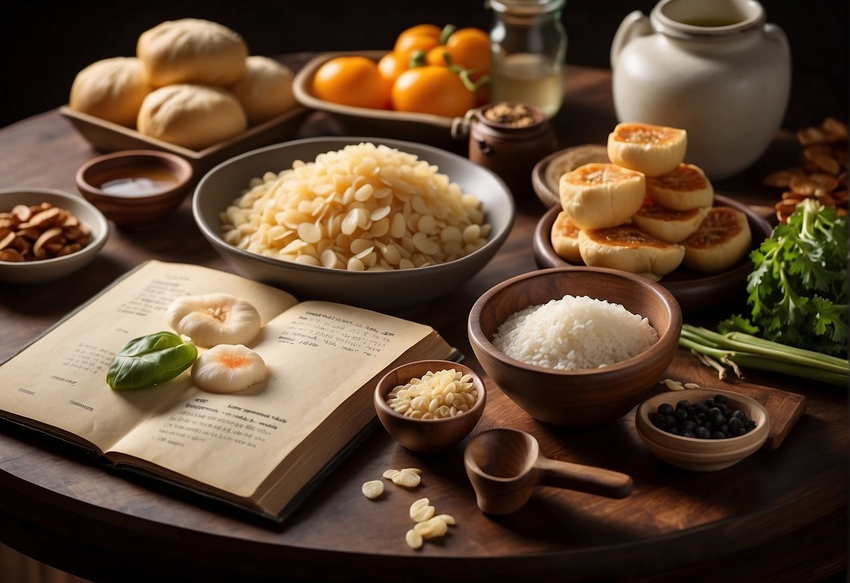 A table with ingredients and utensils for making Chinese hopia, with a recipe book open to the frequently asked questions section