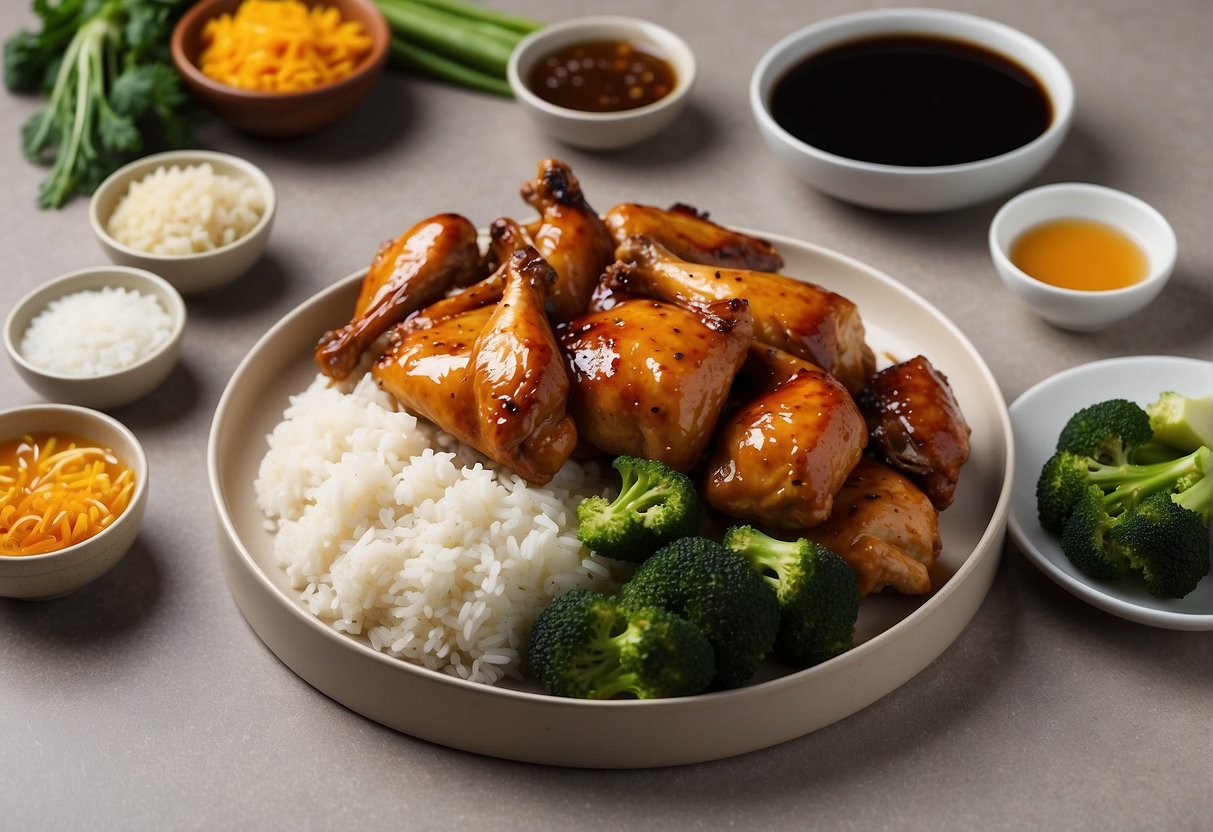 A platter of Chinese honey roasted chicken surrounded by steamed vegetables and a bowl of rice, with chopsticks and a bottle of soy sauce nearby