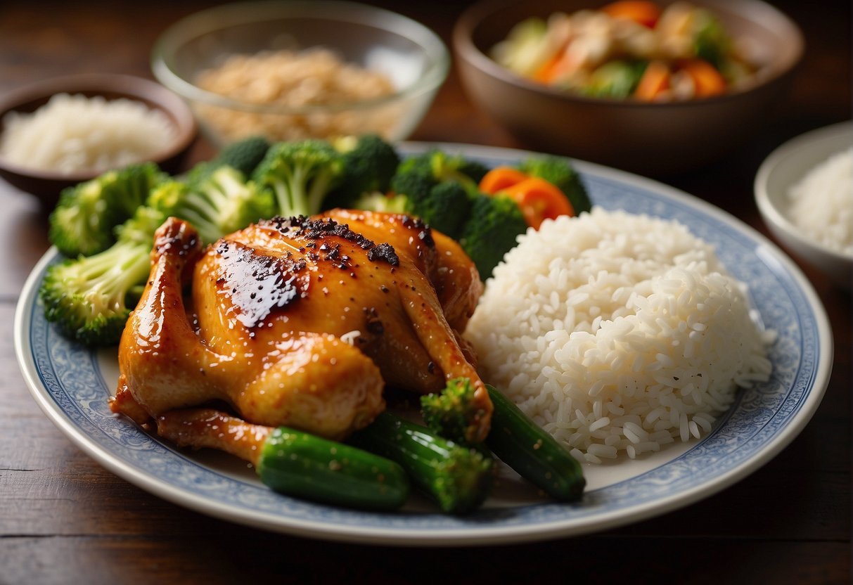 A plate of Chinese honey roasted chicken with a side of steamed vegetables, accompanied by a bowl of rice. A nutrition label and storage instructions are displayed next to the dish