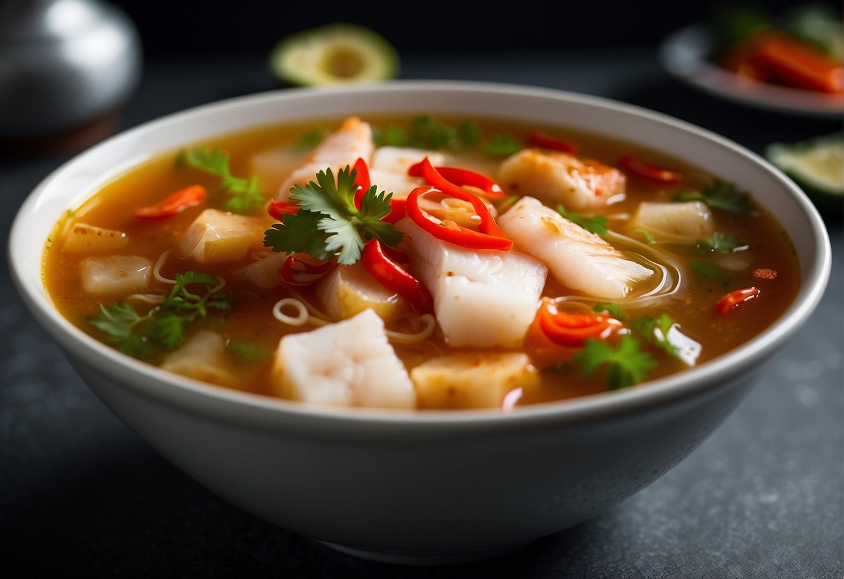 A steaming bowl of hot and sour fish soup with vibrant red chili peppers, sliced ginger, and chunks of tender white fish swimming in a tangy, spicy broth