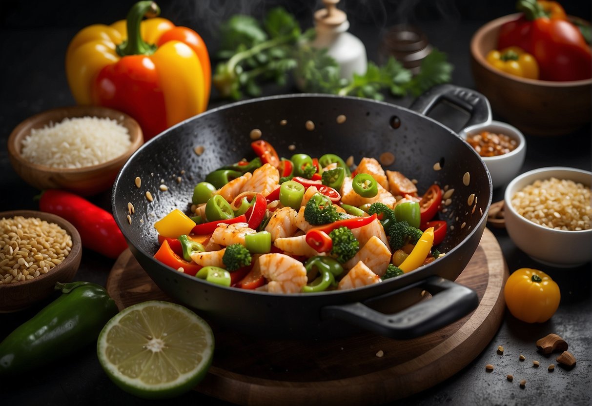 A wok sizzles with hot and sour fish, surrounded by ginger, garlic, and colorful bell peppers. A splash of soy sauce adds depth to the aroma