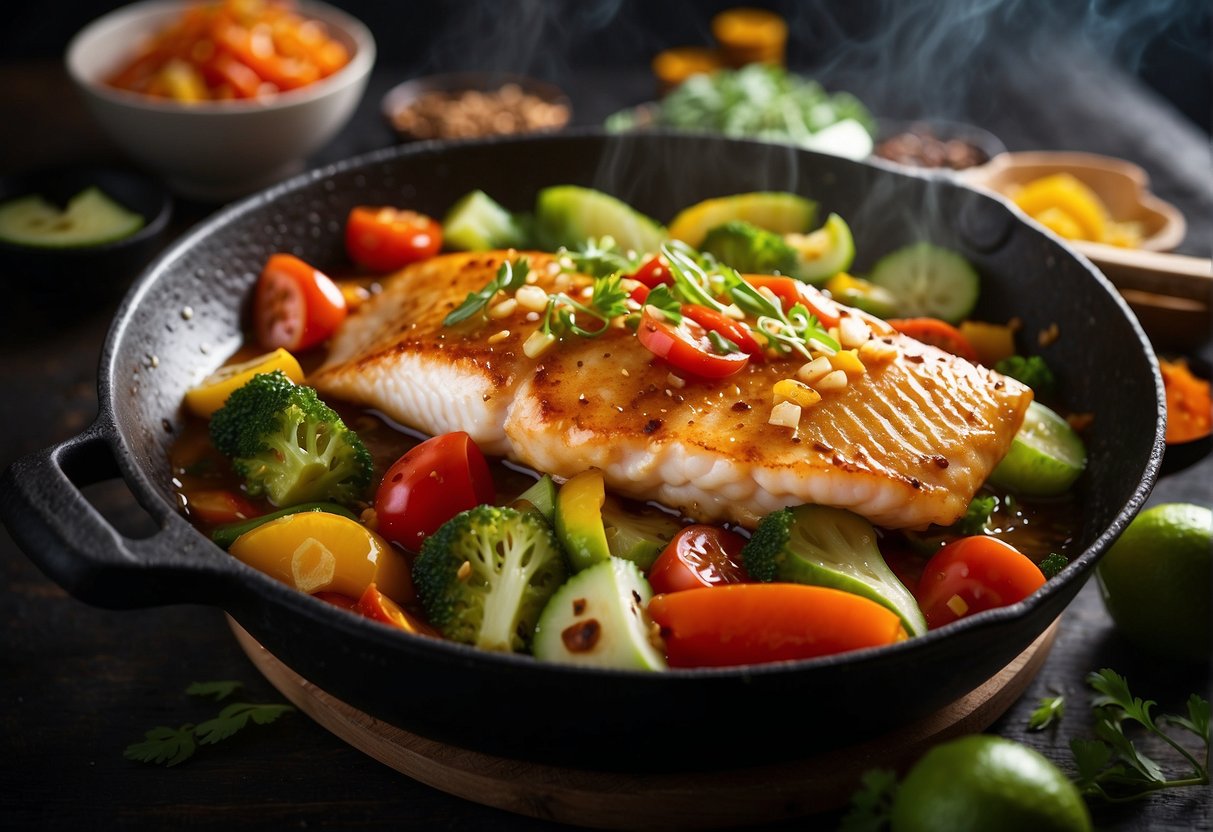 Sizzling fish in wok with hot and sour sauce, surrounded by colorful vegetables and aromatic spices