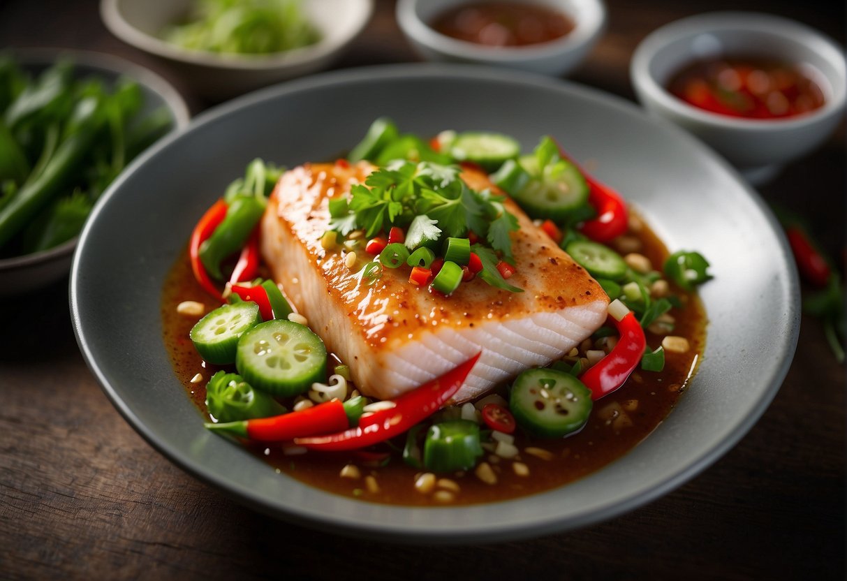 A steaming hot and sour fish dish is being garnished with vibrant green scallions and bright red chili peppers, adding the finishing touches to the flavorful meal