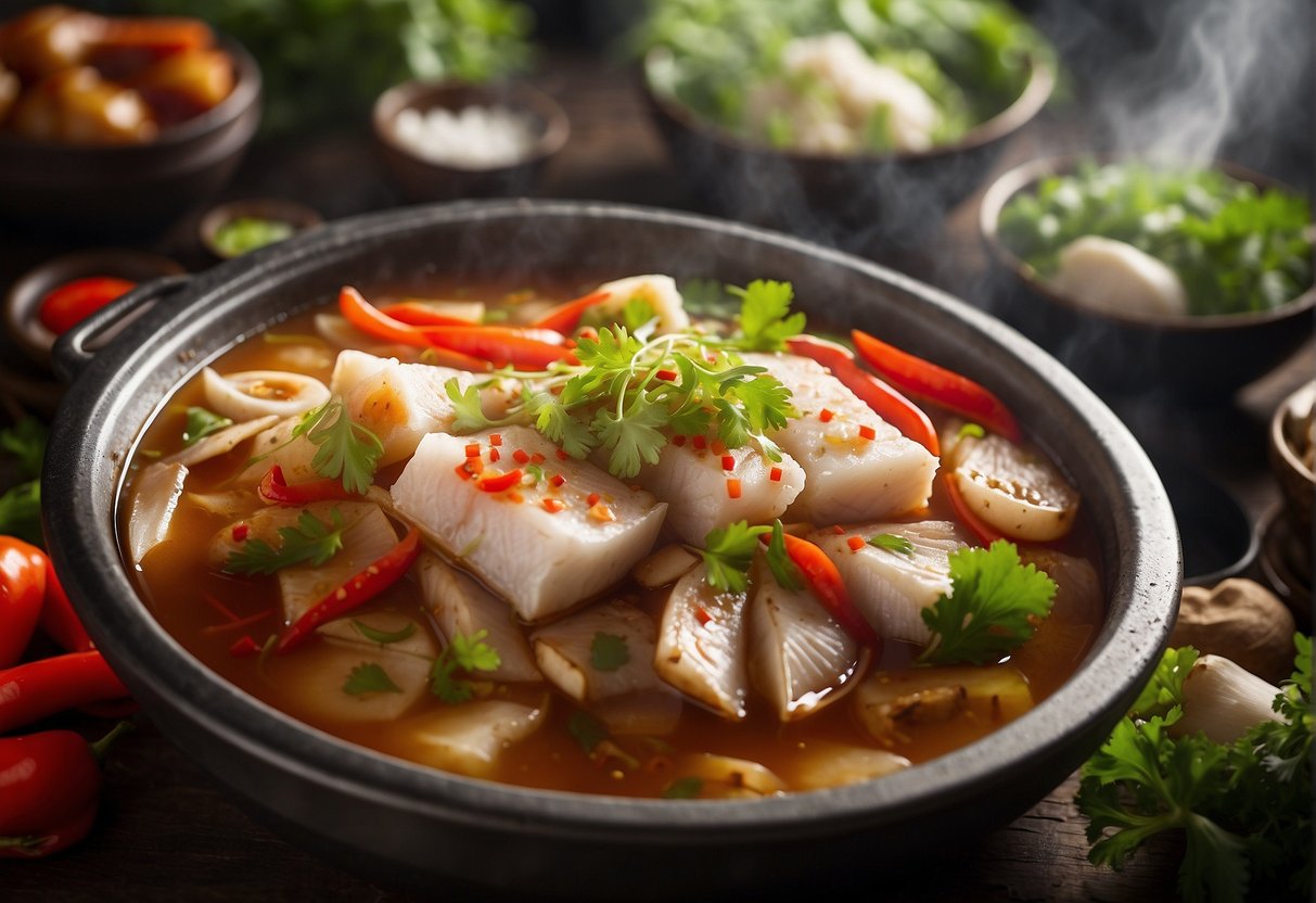 A steaming hot pot of Chinese hot and sour fish, surrounded by vibrant ingredients like bamboo shoots, mushrooms, and chili peppers