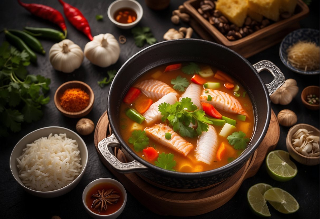A steaming pot of hot and sour fish soup surrounded by traditional Chinese ingredients and spices