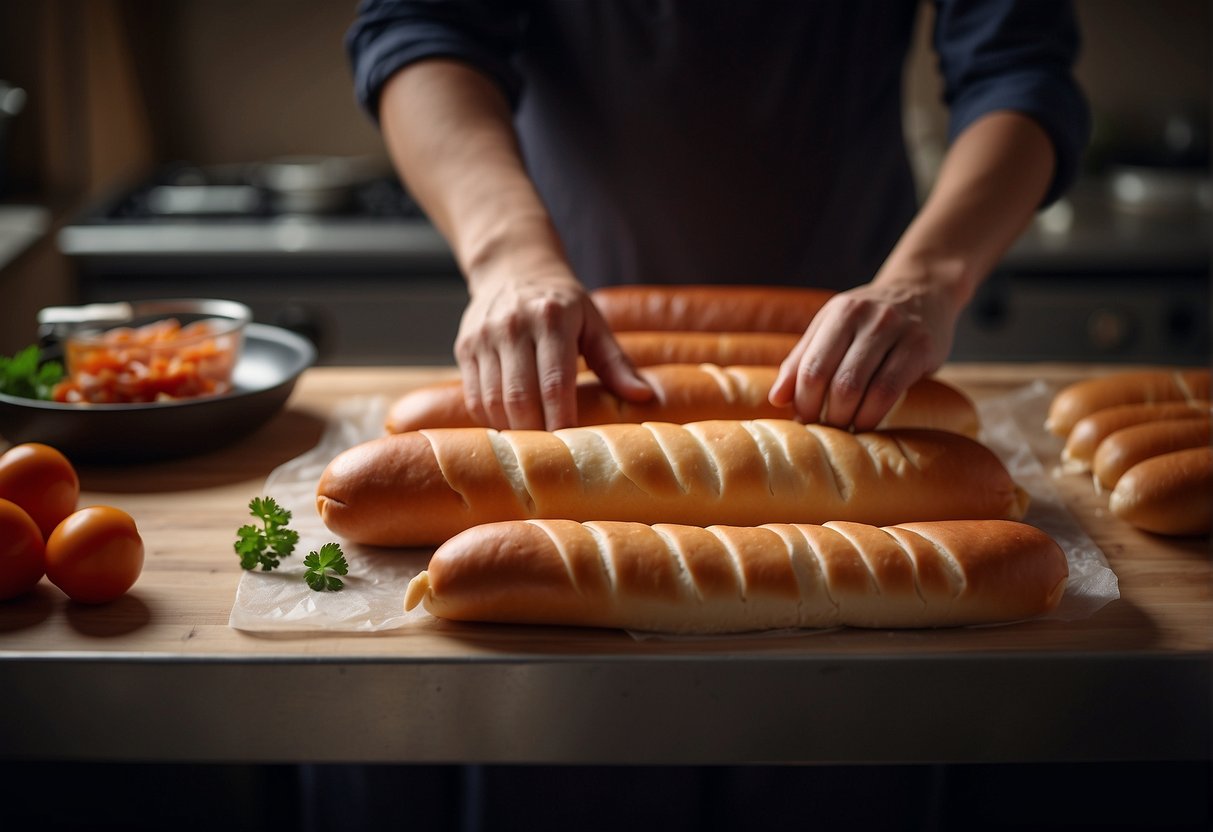 A pair of hands prepare a Chinese hot dog bun recipe, mixing dough and wrapping it around a sausage before baking