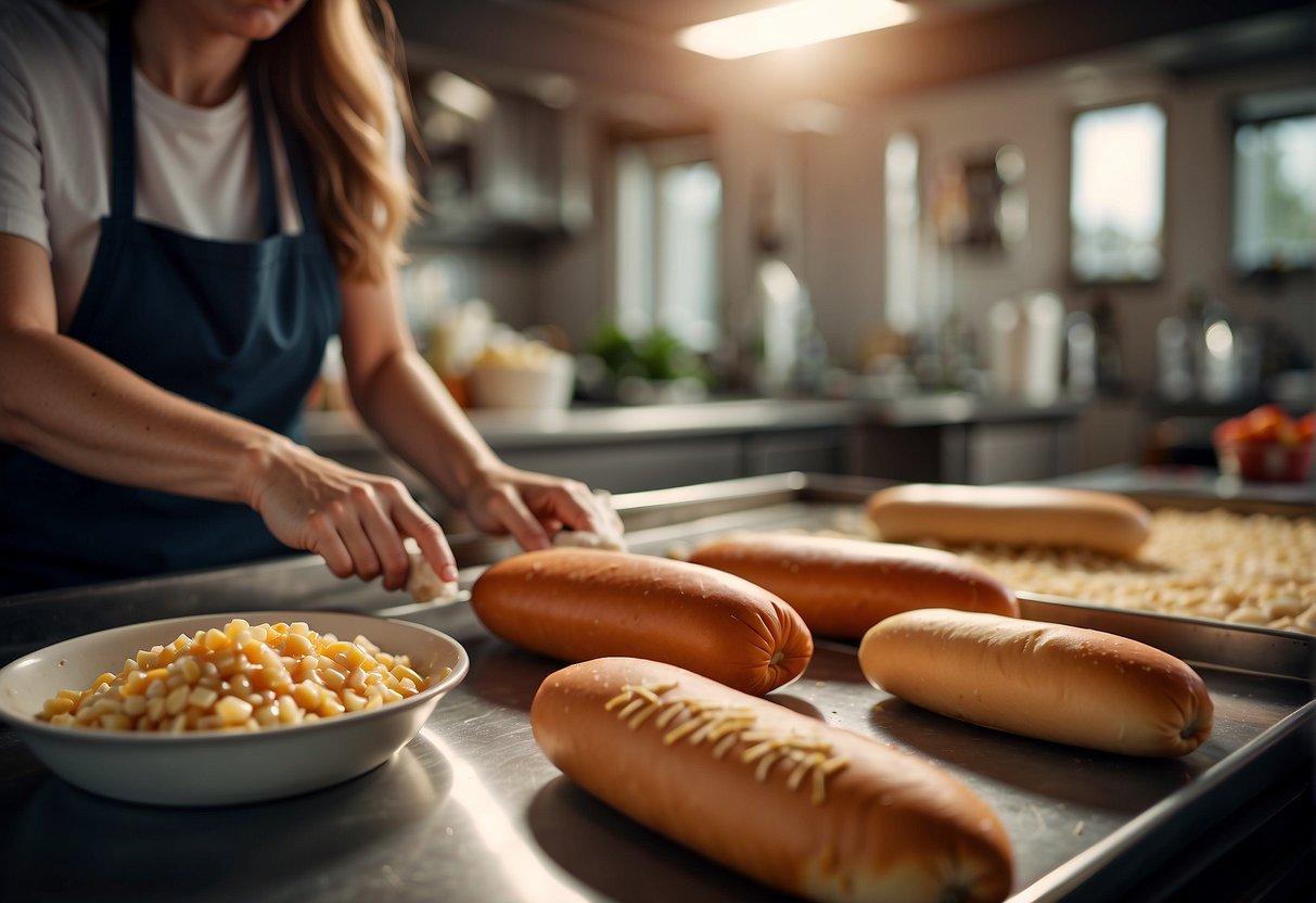 A kitchen counter with ingredients and utensils for making Chinese hot dog buns. Dough being rolled out, hot dogs being wrapped, and buns being placed on a baking sheet