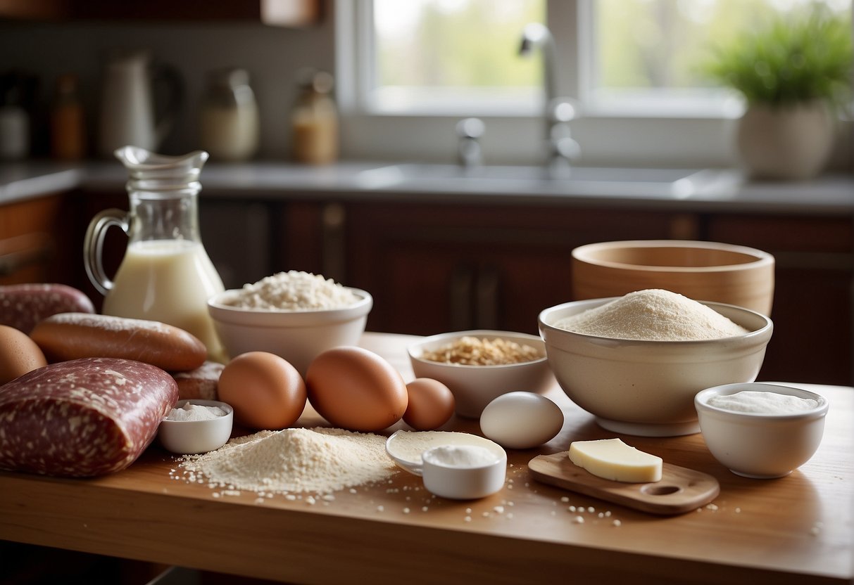 A kitchen counter with ingredients: flour, sugar, yeast, salt, milk, eggs, and Chinese sausage. A mixing bowl, measuring cups, and a rolling pin are also present
