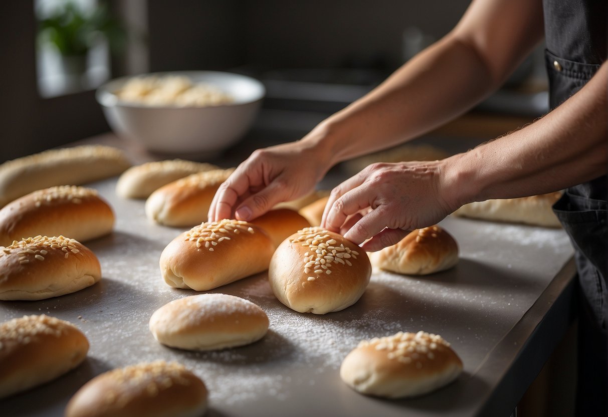 A pair of hands kneading dough, folding in Chinese hot dog bun filling, and shaping into buns on a floured surface