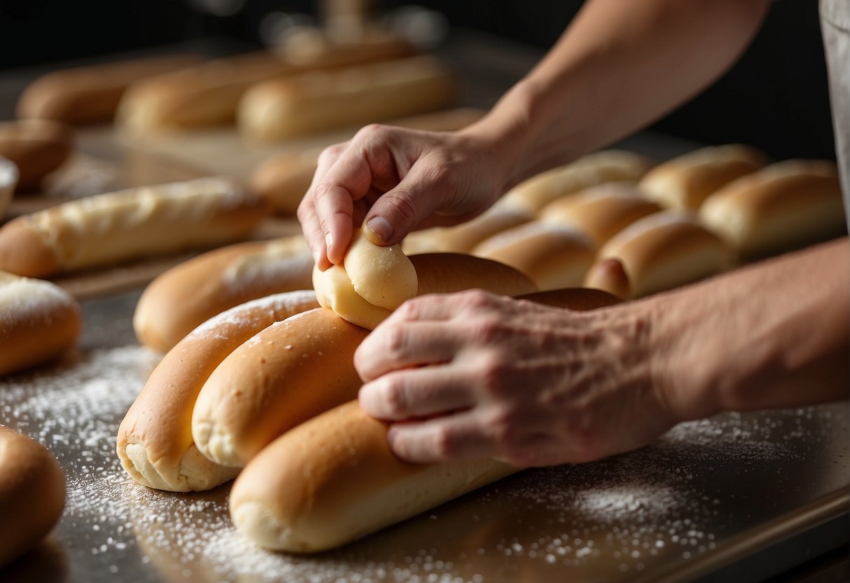 A pair of hands kneading dough, shaping it into long rolls, then wrapping them around hot dogs. The buns are placed on a baking sheet and brushed with egg wash before being baked to golden perfection