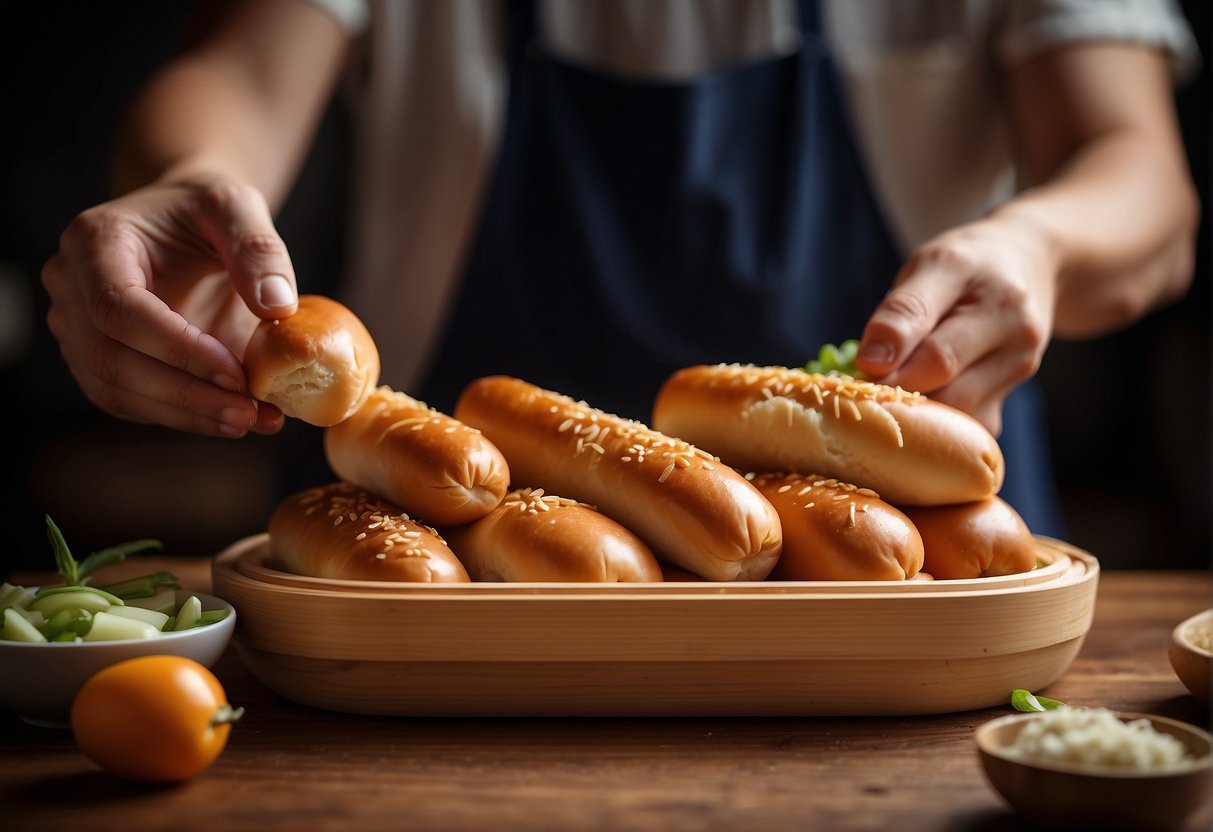 A hand placing freshly baked Chinese hot dog buns into a bamboo steamer for serving and storing